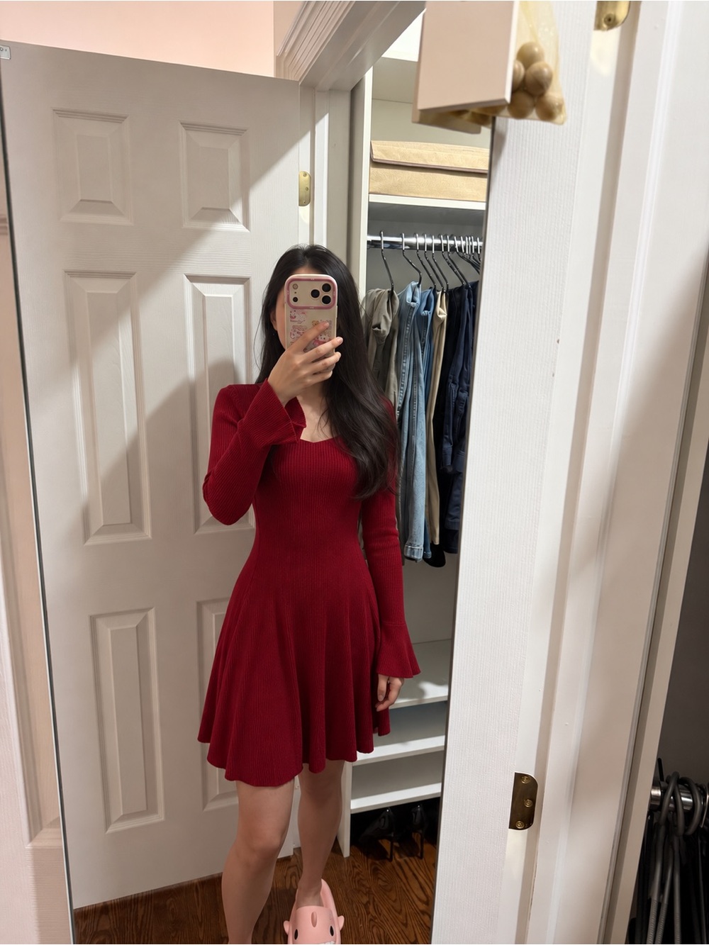 Elegant Red Long-Sleeve Fit & Flare Dress
